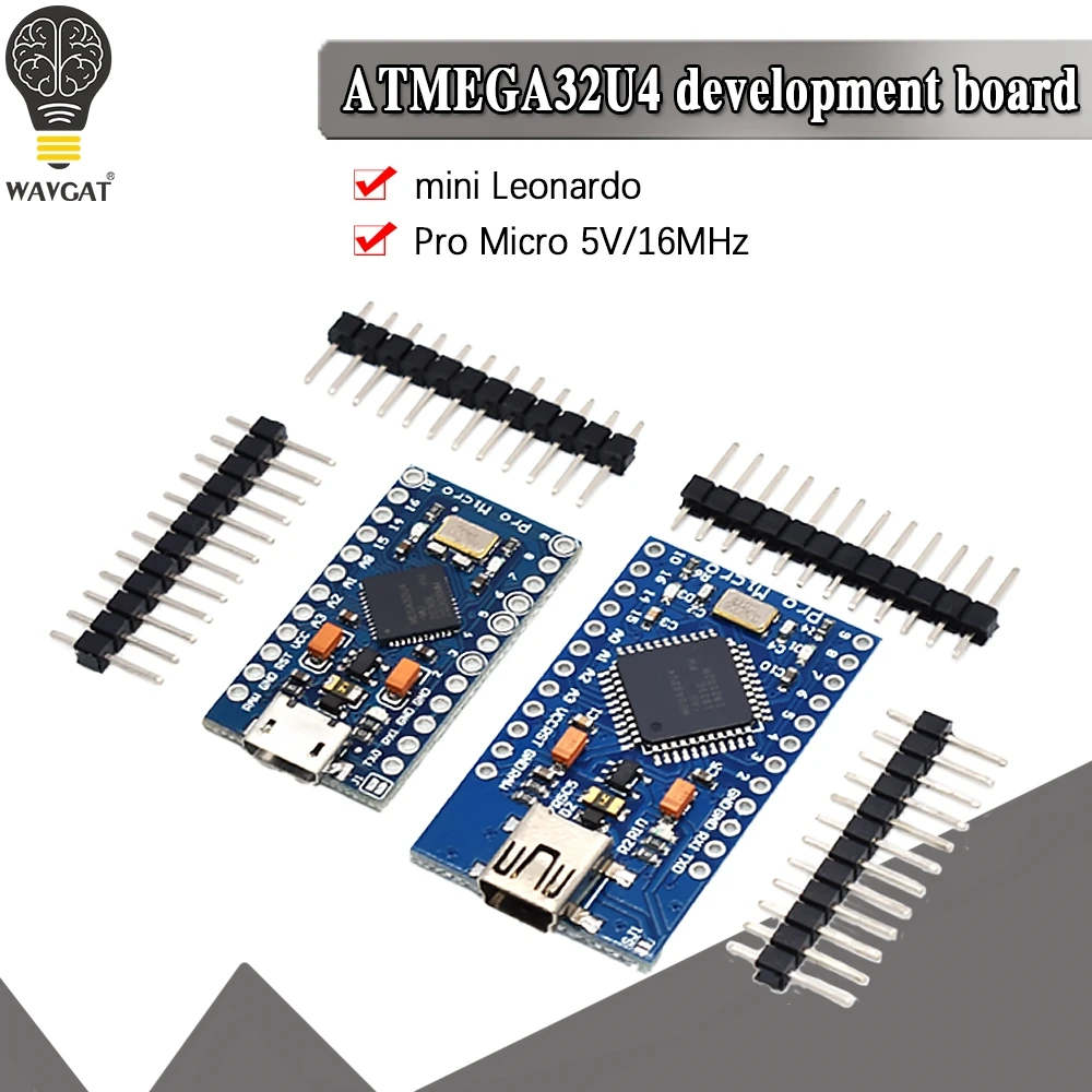 WAVGAT 프로 마이크로 ATmega32U4 5V 16MHz, 아두이노 프로 미니용 ATmega328 대체, 레오나르도 USB 인터페이스용 2 열 핀 헤더 포함