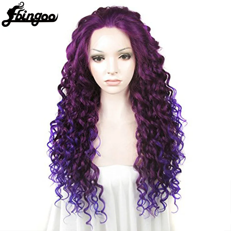 Ebingoo Ombre Purple Red Pink Blonde Brown Orange Wig Long Kinky Curly Synthetic Lace Front Wig Women High Temperature Fiber