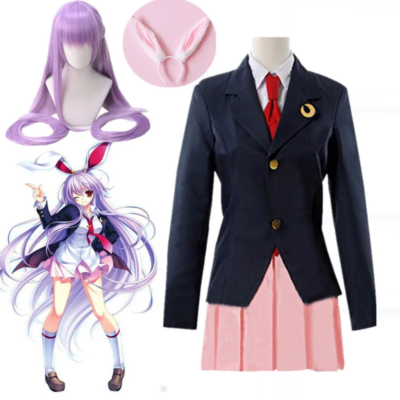 Reneecho Touhou Project Costume Adult Reisen Udongein Inaba Cosplay Girls Women School Uniform Dress Cosplay wigs headwear