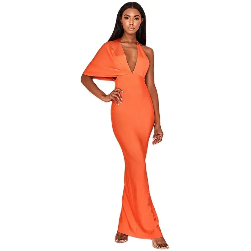 Women\'s Bandage Maxi Sexy One-Shoulder Long Evening Party Runway Elegant backless Deep V Neck Orange Floor-length Dresses