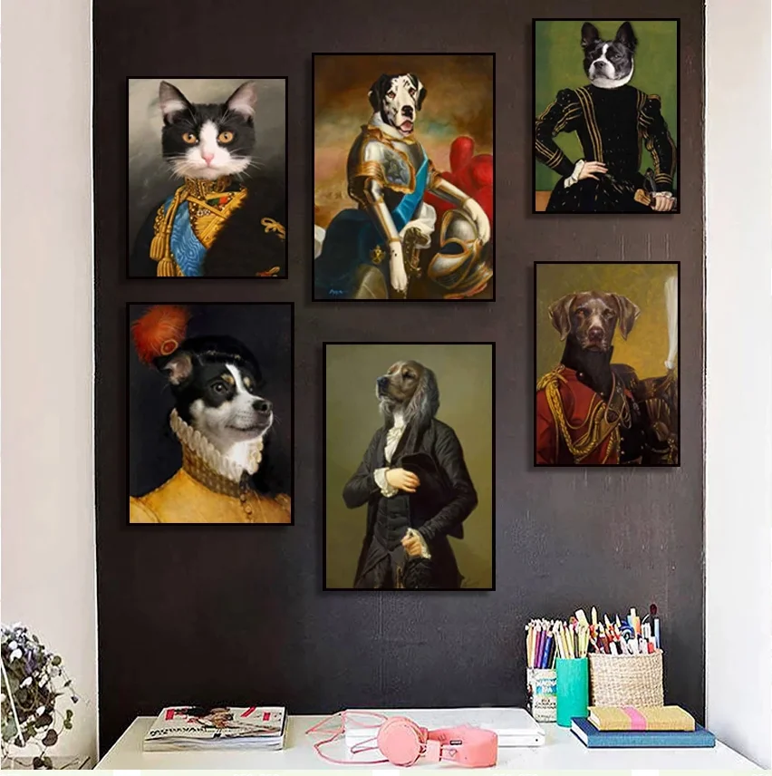 Wall Art Canvas Vintage Style Animals Painting Deer Cat Dog Portrait Picture For Home Decoration Nodic Living Room Poster