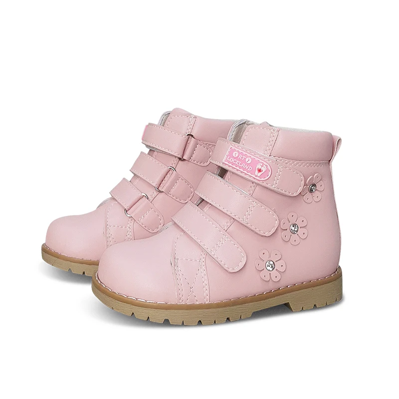 Winter Children Pink Shoes Orthopedic Boots For Kids Casual Luxury Ankle Booties With Rhinestone Flower Leather School Footwear