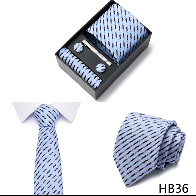 2023 neue Stil Hochzeit Geschenk Krawatte Für Männer Krawatte Box Anzug Zubehör Solide Blaue Krawatte Einstecktücher Manschettenknopf Set – Detail 4