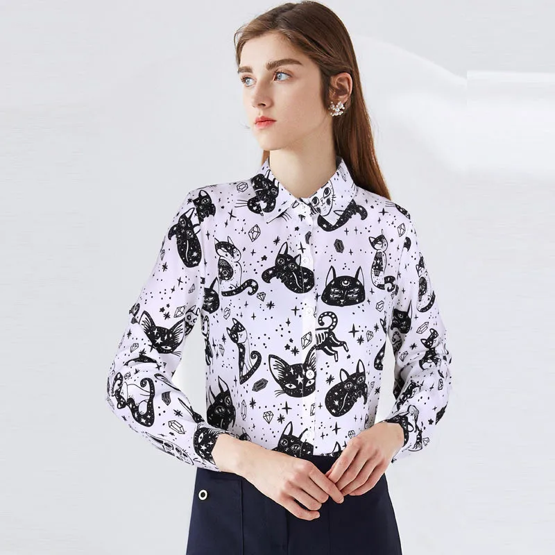 Cartoon Cat Pattern Women\'S Chiffon Shirt Fashion Woman Blouses 2021 Spring Autumn Long Sleeve Casual Girls\' Top Female Clothing