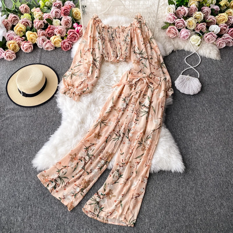 Boho zweiteiliges Set Frauen drucken schulter freies Crop-Top und hohe Taille weites Bein Frauen hose Herbst zweiteilige Sets Mode Lounge Wear