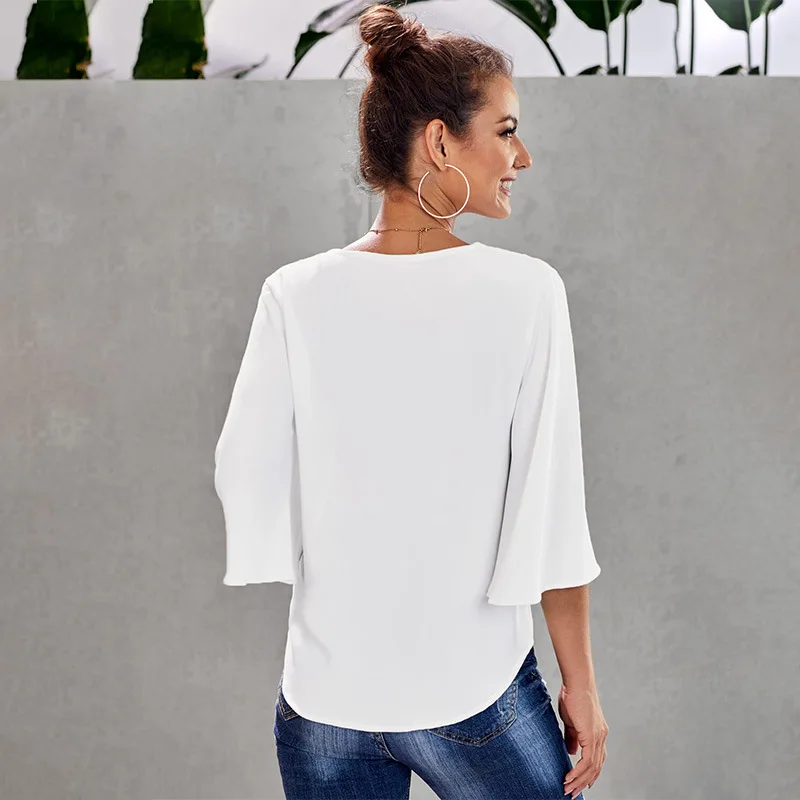 Chiffon Blouse Shirts Elegant Women Lace Up V Neck Single Breasted Three Quarter Sleeve Summer New