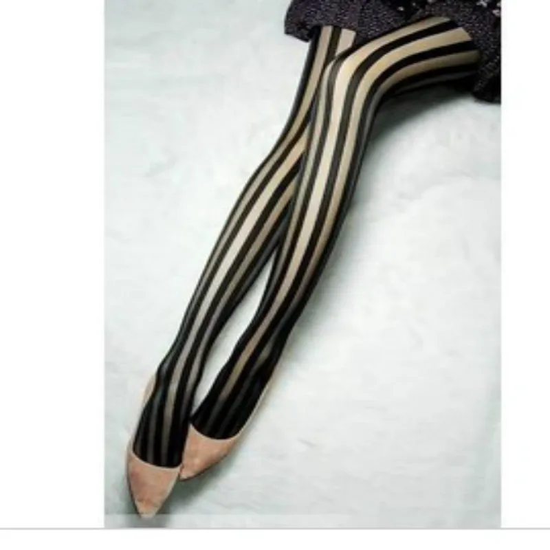 Women Pantyhose Transparent Vertical Stripe Black Fashion Fashionable cheap tights for young girls Glossy Pantyhose 3pcs