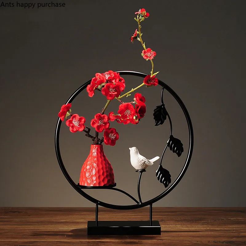 Chinesische Schmiedeeisen Ornamente Simulation Pflaume Keramik Vase Gefälschte Blumen Vogel Dekoration Zubehör Handwerk Statue Figuren