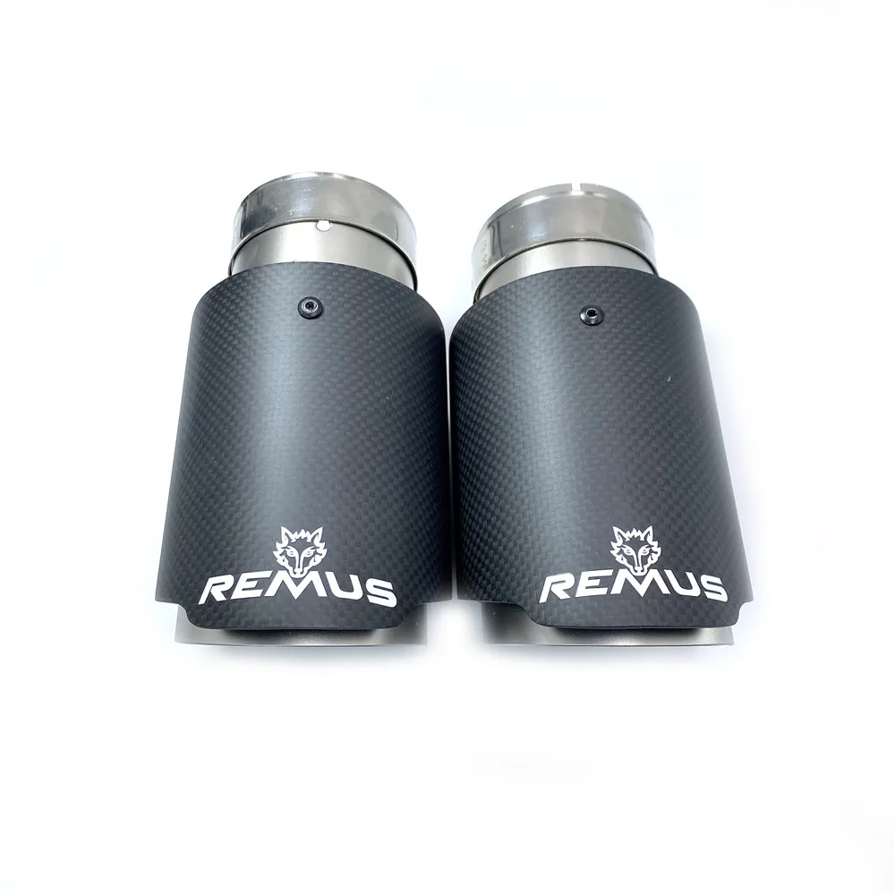 1PCS Car Exhaust Tail Pipe Matt Carbon Fiber Sandblasting Stainless Steel Straight Flange Muffler Tip With Remus Logo