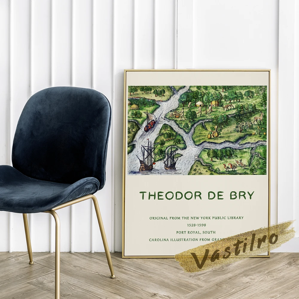 Theodor De Bry Retro Poster, Port Royal South Carolina Illustration, Grand Voyages Scenery Oil Painting, Living Room Wall Decor