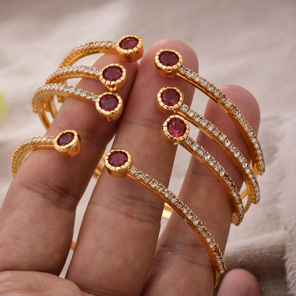 24K 4Pcs/lot Dubai Ethiopian Gold Color Colored stones Cuff Bangles For Women Wife Wedding  Jewelry Bangles&Bracelet Gifts