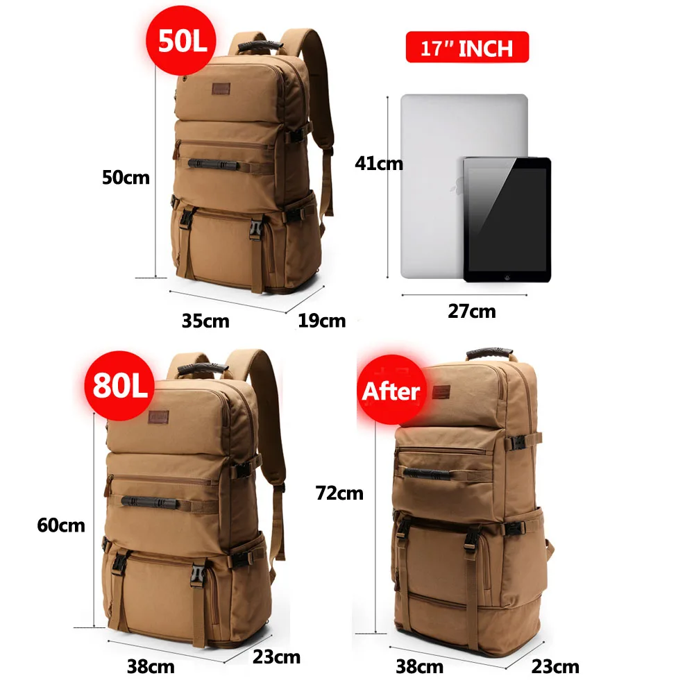 Canvas Backpack For Men Large Capacity Tactical Backpacks Women 50L 80L Hand Hiking Camping Hunting Bags Softback Rucksack X75C