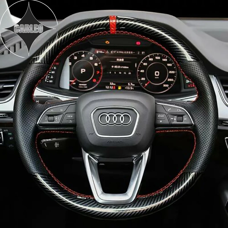 

DIY Car Steering Wheel Cover for Audi Q7 2015-2019 Black Carbon Fiber&Genuine Perforated Leather Custom Hand Stitching Holder