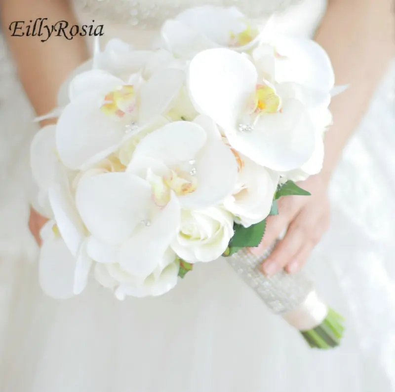 

EillyRosia Korean Butterfly Orchid Bride Bouquet White High-end Simulation Flowes Pure Wedding Bouquet with Rhinestones Chic