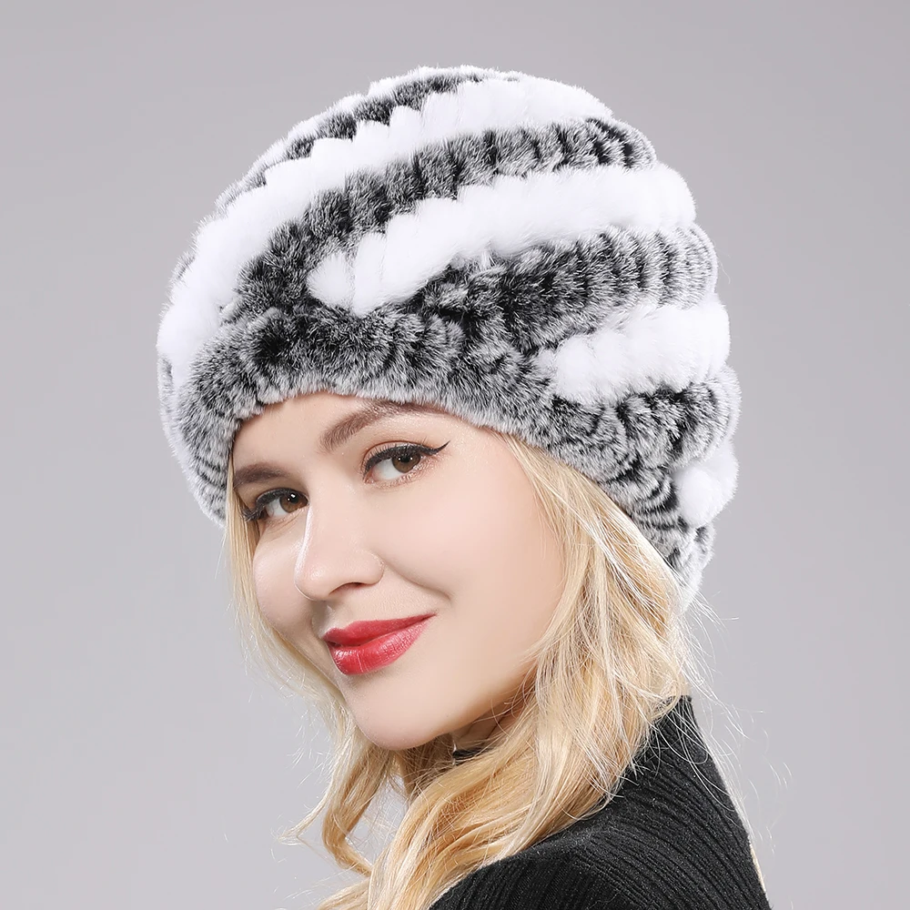 Hot Sale Lady Real Rex Rabbit Winter Fur Hat For Women Russian Real Fur Knitted Cap Headgear Winter Warm Women Hat Beanie Hats