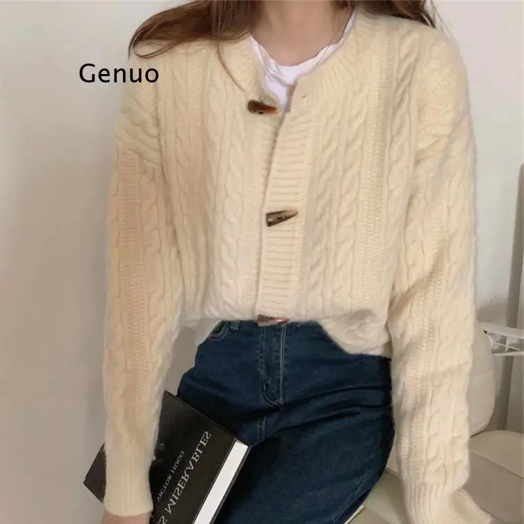 

Korean Style Jacket Horn Buckle Short Sweater Women Autumn and Winter Wear Solid Color Round Neck Knitted Cardigan Jacket Women