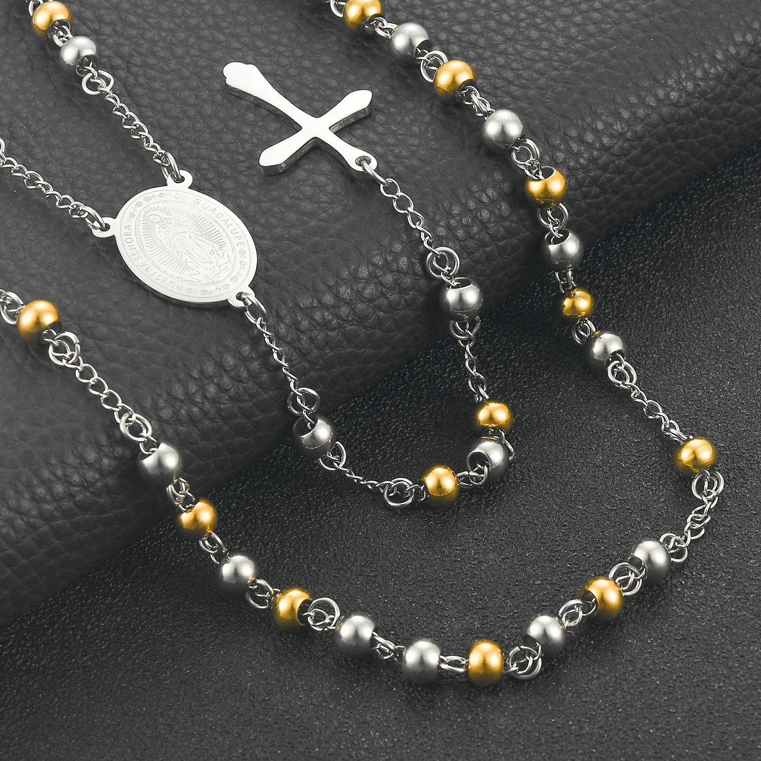 Stainless Steel Vintage Cross Rosary Necklace - Unisex - Image 4