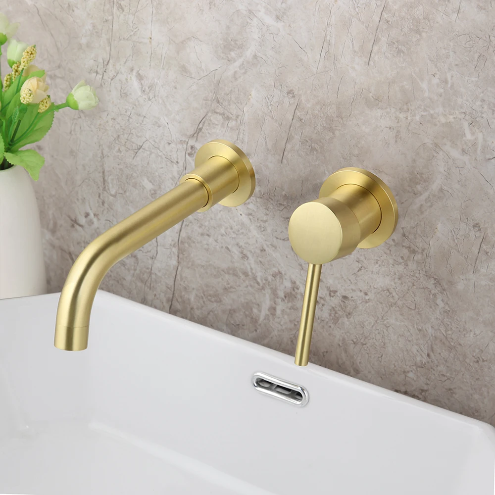 JIENI Luxury Brushed Golden Tap Wall Mounted Bathroom Basin Sink Faucet Solid Brass Hot & Cold Mixer Golden Bathtub Faucet