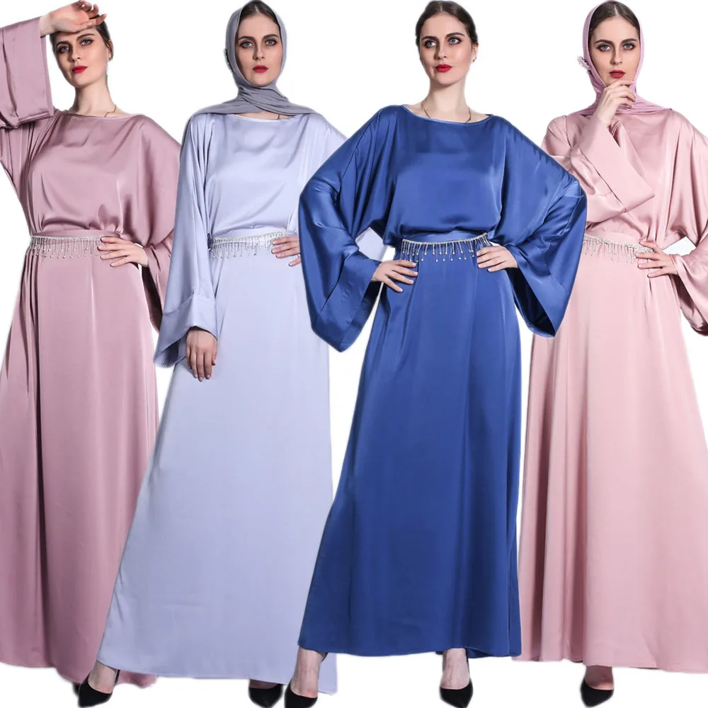 

Ramadan Muslim Women Solid Color Long Dress Satin Luxury Rhinestone Belt Loose Kaftan Abaya Islamic Clothing Dubai Turkey Dubai