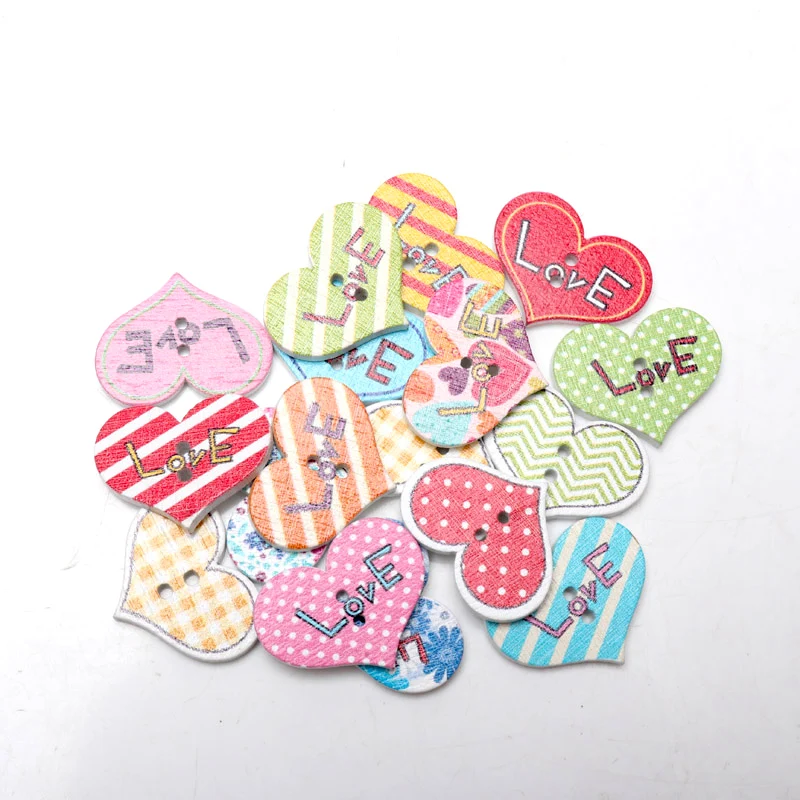 50pcs mixed love heart Pattern Wooden buttons Botones Handmade Accessories Decoration Scrapbooking Crafts 20x25mm