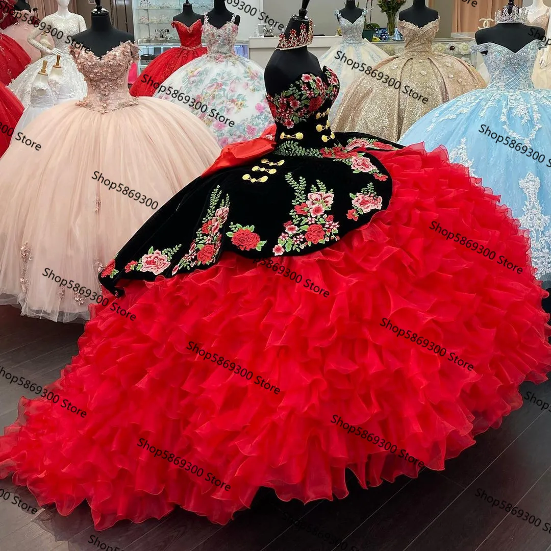 Black Red Princess Quinceanera Dresses 2025 Velvet Embroidery Lace-up Corset Gothic Ruffles Tiered  Masquerade Party Gowns