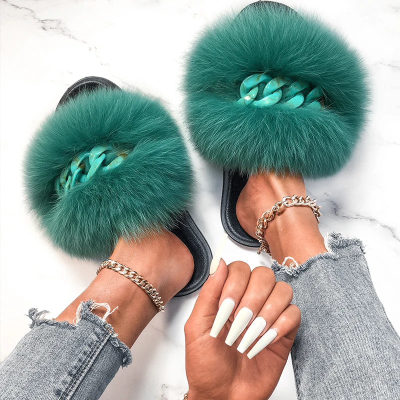 Furry Fur Slides Real Fox Fur Slippers Fluffy Flip Flops Designer Chain Plush Slippers Cozy Women Beach Flat Sandals House Shoes