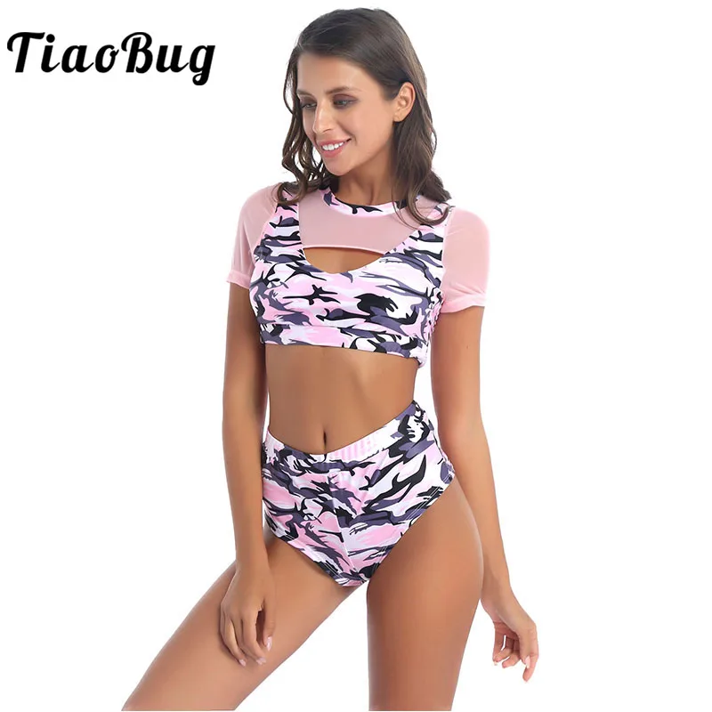 TiaoBug Women Camouflage Print Mesh tuta Crop Top Pole Dance Shorts set sportivi Fitness ginnastica Costume balletto Dancewear