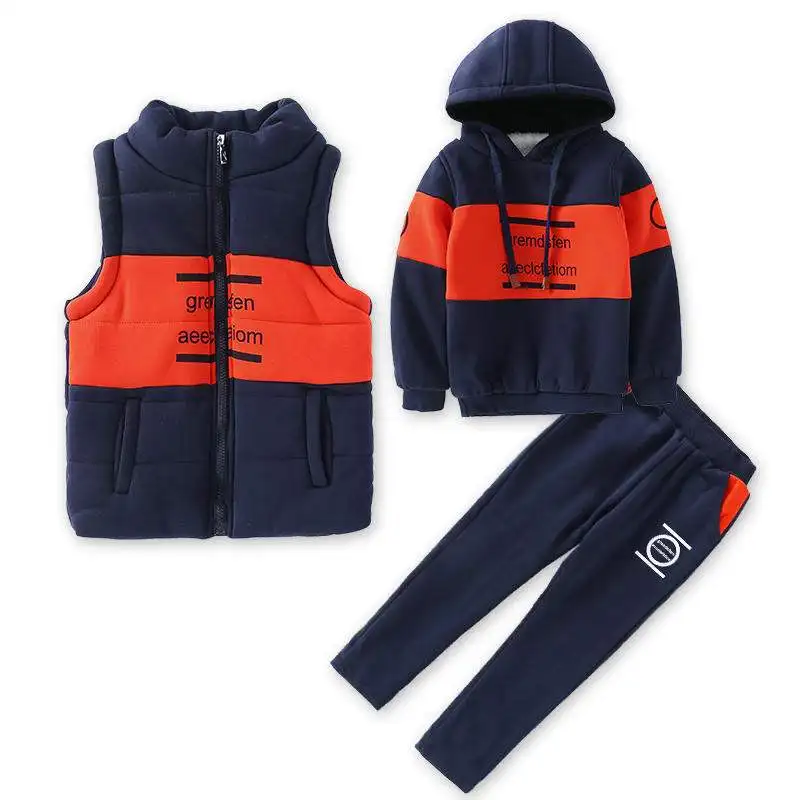 Boys Fall Winter Clothing 3 Pcs Set Children's Velvet Thickened Clothes 3-14Yrs Teenager Kids Vest Coat + Sweatshirt + Pants P24