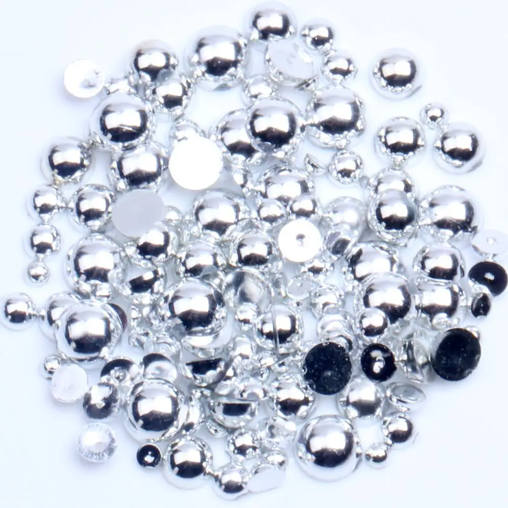 Silver Color Half Round Resin Pearls 2-12mm And Mixed Sizes Flatback Glue On Craft Beads DIY 3D Nails Art Decorations