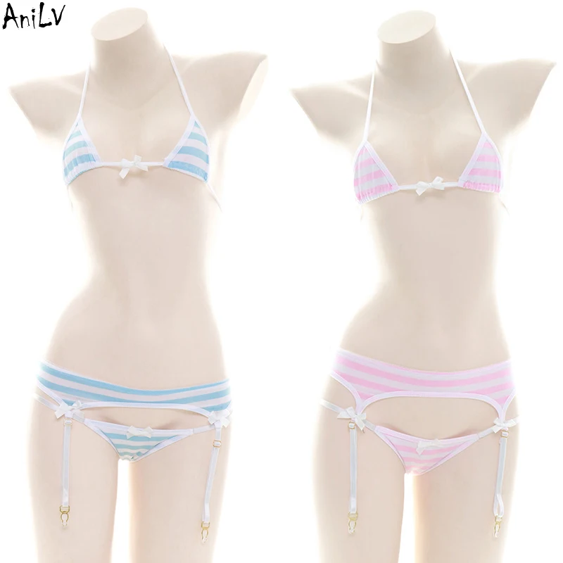 AniLV Anime Lolita dziewczyna w paski Halter strój kąpielowy Bikini kostium letnia plaża podwiązki stroje kąpielowe jednolita impreza przy basenie