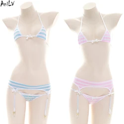 AniLV Anime Lolita dziewczyna w paski Halter strój kąpielowy Bikini kostium letnia plaża podwiązki stroje kąpielowe jednolita impreza przy basenie Cosplay