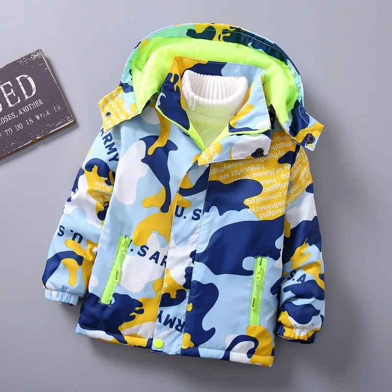 BINIDUCKLING Kids Windbreaker Jacket Fashion Autumn Spring Hooded Zipper Pocket Coat For Children Boys Blue Camouflage Outwear