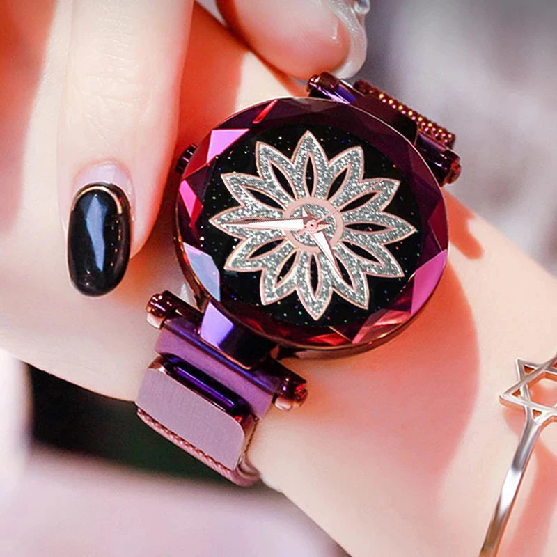 2023 Personality Romantic Starry Sky Women Magnet Buckle Watches Fashion Ladies Rhinestone Flower Steel Mesh Belt Quartz Watch