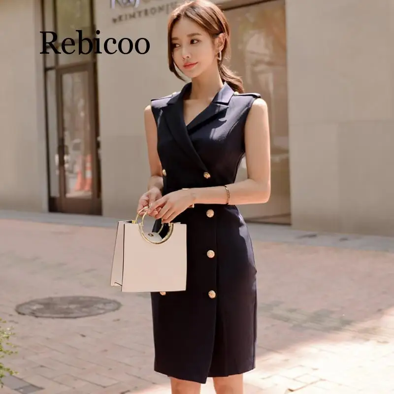 Women Summer Office Lady Belted  Vestidos Sleeveless Work Wear Slim Double Button Sexy korean fashion style Dress clothes