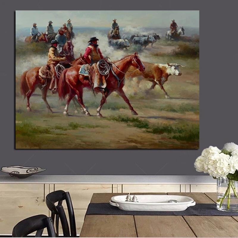 Cowboy Knight Herding The Cows Canvas Painting Pastoral Poster Print Wall Art Picture for Living Room Bedroom Home Decor Cuadros