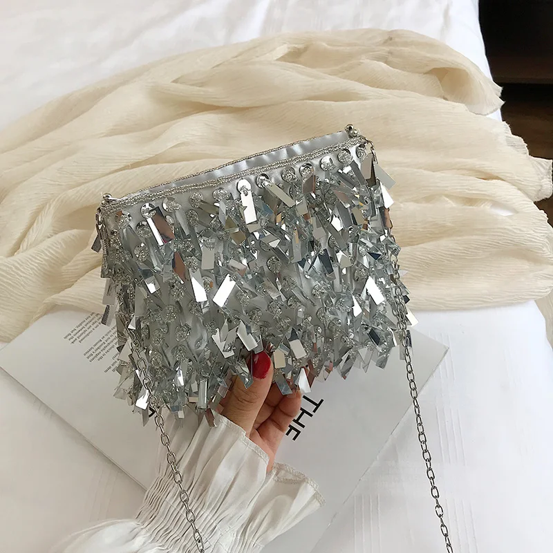 Silver Sequin Rhinestone Tassel Women Small Crossbody Bags Handmade Beaded Ladies Party Evening Clutch Purse Fashion Handbags