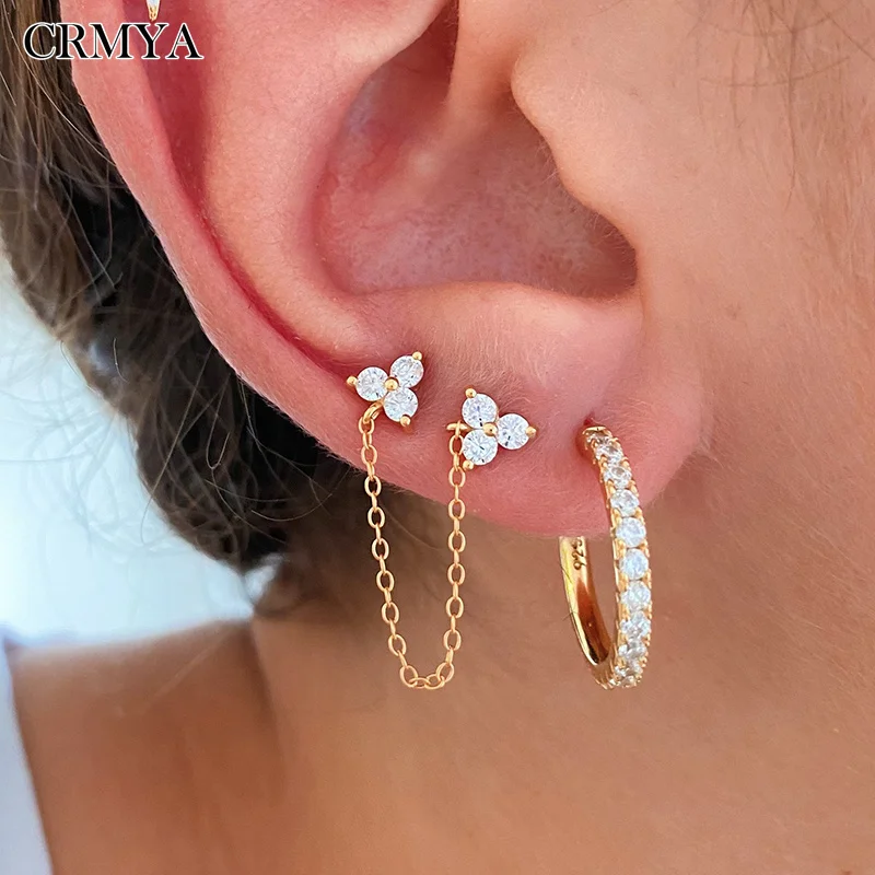 CRMYA moda oro argento placcato gioielli orecchini a catena fiore per le donne colore CZ zircone orecchini a bottone ragazze orecchini all\'ingrosso