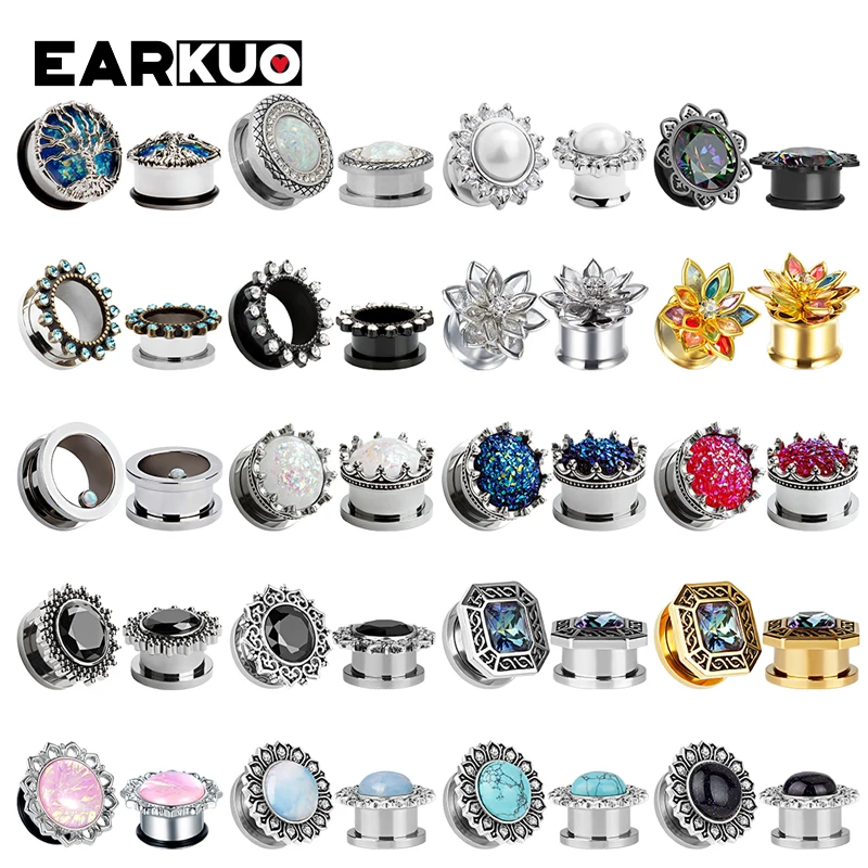 EARKUO Best Selling Flower Zircon Crystal Stainless Steel Ear Plugs Stretchers Gauges Piercing Body Jewelry Ear Expanders 2PCS