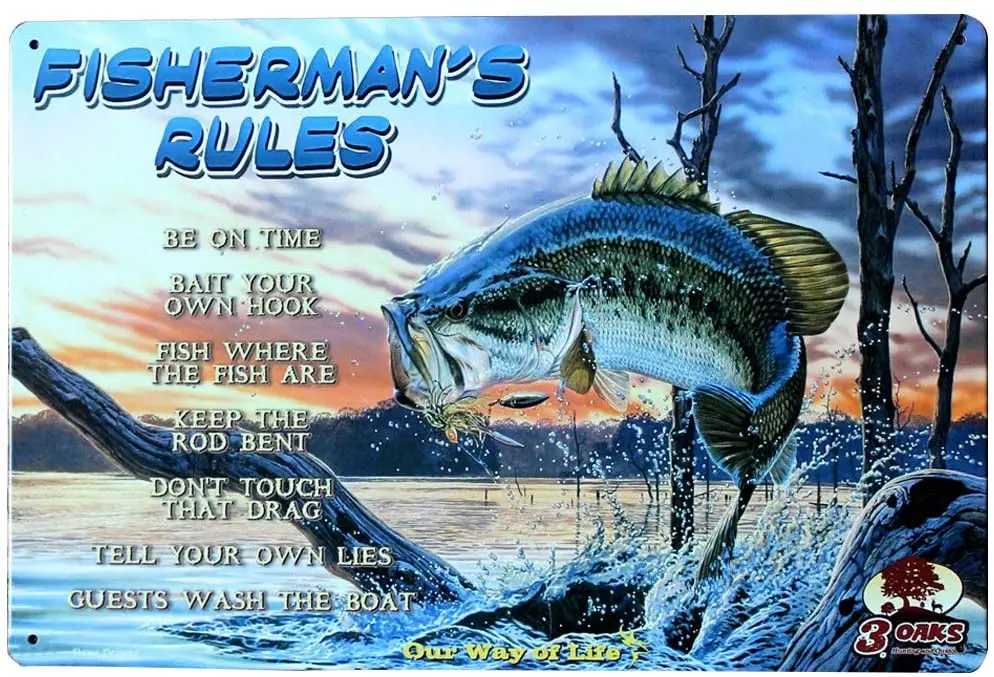 Fisherman is Rules Tin Metal Wall Decoration, Thick Tinplate Wall Art Sign for Fishing Grounds/Yachts