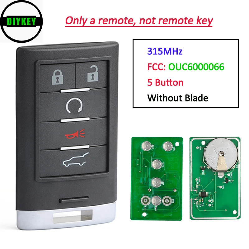 DIYKEY for Cadillac Escalade CTS STS DTS 2008 2009 2010 2011 2012 2013 5 Buttons Smart Remote Car Key Fob 315MHz OUC6000066