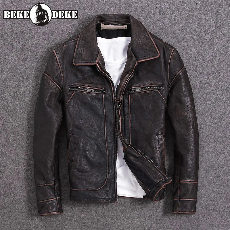 

Vintage Red Brown Men American Casual Style Leather Jacket 5XL Genuine Cowhide Autumn Leather Coat Biker Jackets