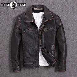 Vintage Red Brown Men American Casual Style Leather Jacket 5XL Genuine Cowhide Autumn Leather Coat Biker Jackets