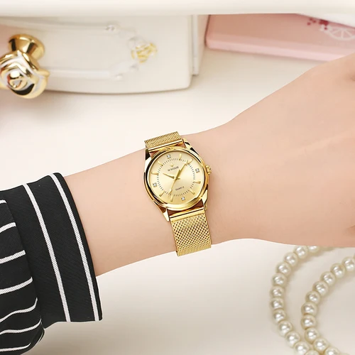 Imagen 2 del producto WWOOR, reloj dorado de marca de lujo para mujer, relojes de pulsera de cuarzo pequeños con diamantes elegantes para mujer, reloj de malla de acero zegarek damski