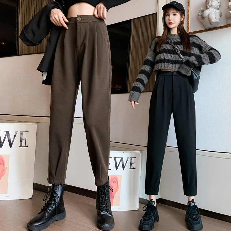 Autumn Winter Woolen Women's Pants Casual Streetwear Loose Elastic High Waist Harem Pants Femme Thin Legs Black Brown Trousers