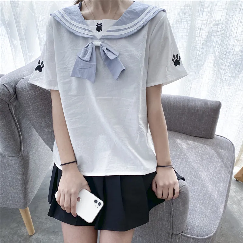 Japanese Pink Sailor Collar T Shirt Women Clothing Lolita Kawaii Cat Graphic Tee Shirts Soft Girl Cute White T-shirt Top Female