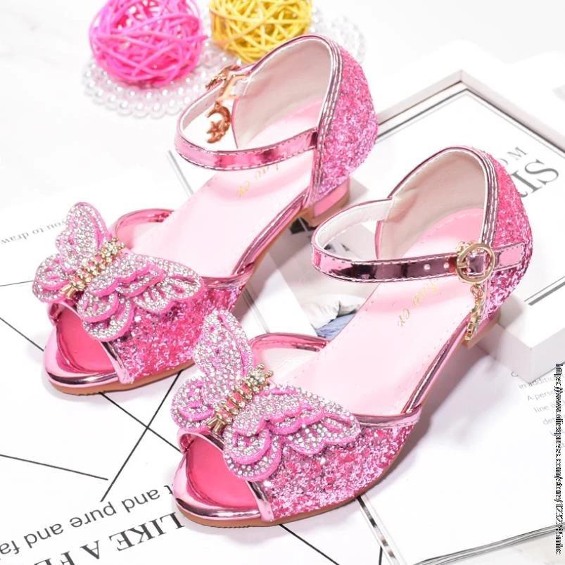 Princess Kids Leather Sandals Girls Bow Casual Glitter High Heel Butterfly Knot Children\'s Shoes