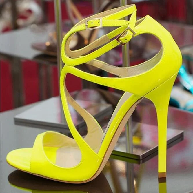 Sexy Yellow Heels Women Sandals Cross Strap Peep Toe Lemon Patent Leather Strappy Sandals Shoes High Heels Wedding Shoes Bride