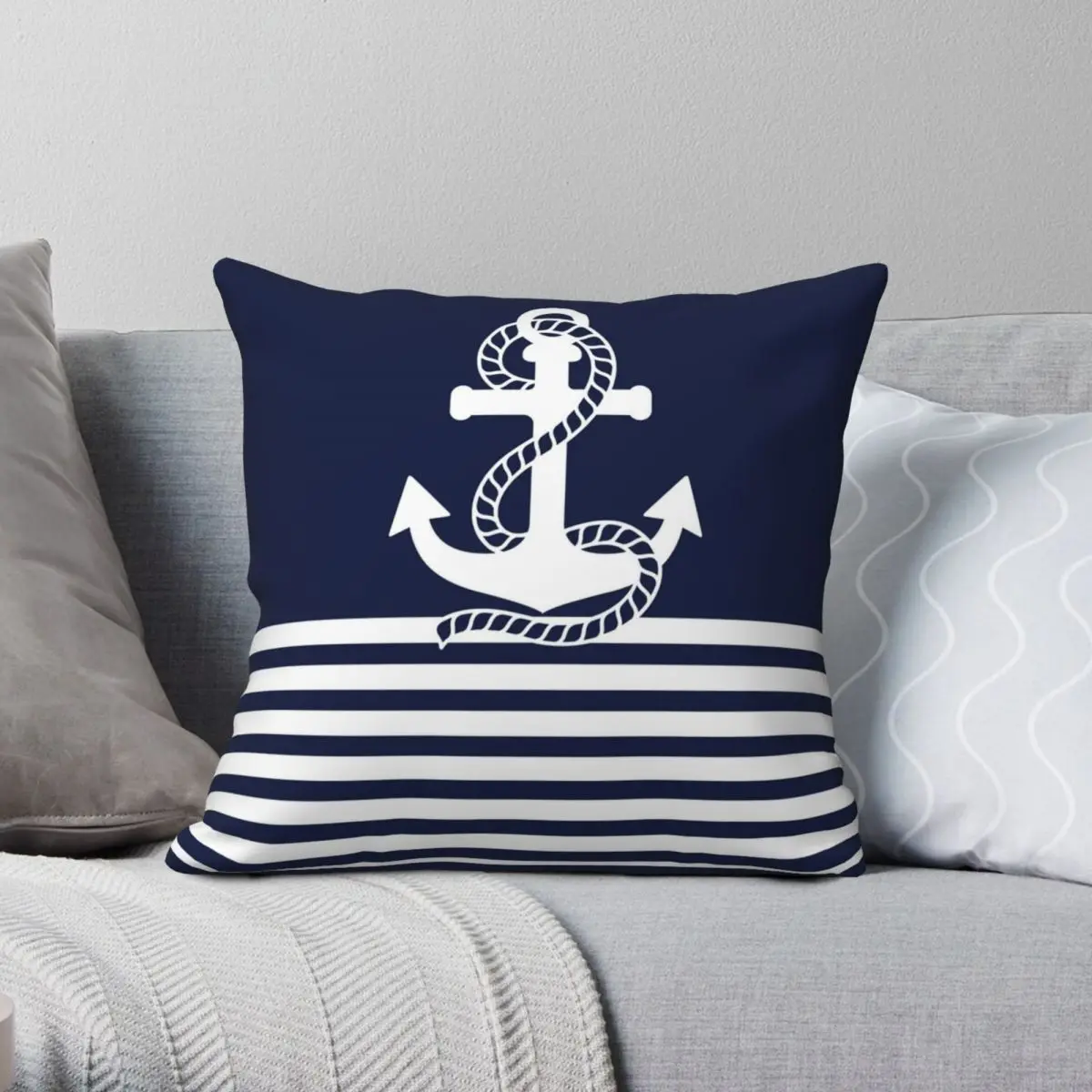 Nautical Navy Blue Stripes White Anchor Pillowcase Polyester Linen Velvet Pattern Zip Decor Throw Pillow Case Home Cushion Cover