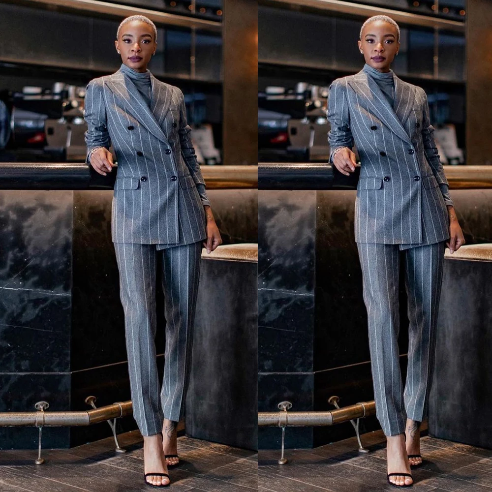 

Vintage Stripe Women Blazer Suits Retro Double Breasted Pocket High Quality Jacket 2 Pieces Set Office Business Female Jacket