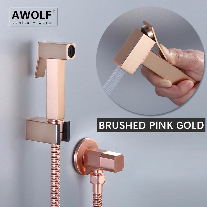 Brushed Pink Gold Handheld Bidet Sprayer Square Shattaf Douche kit Solid Brass Valve Bathroom Toilet Washer Shower AP2258